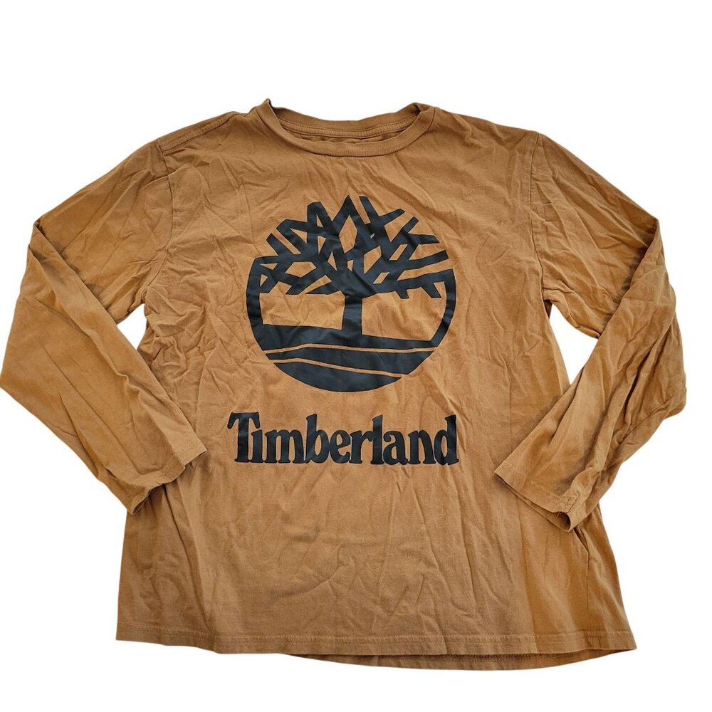 Timberland Youth XL 18 20 Brown Long Sleeve Logo T Shirt Cotton Casual Crew Neck